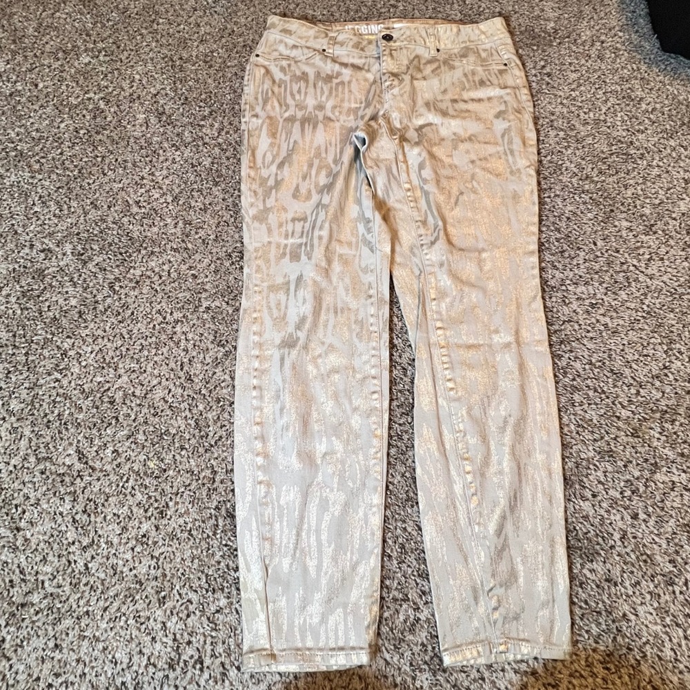 DKNY Jeans Womens 16W Metallic Gold Animal Print Jegging Skinny Pants Stretch